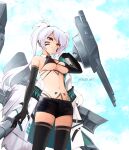  1girl absurdres alabama_(azur_lane) arescr azur_lane bangs bare_shoulders bikini black_bikini black_gloves black_legwear black_shorts blue_sky breasts cloud commentary cowboy_shot day detached_collar elbow_gloves facial_mark gloves grin hand_up head_tilt highres jacket jacket_removed large_breasts long_hair looking_at_viewer navel red_eyes short_shorts shorts silver_hair sky smile solo standing stomach swimsuit thighhighs thighs twintails whisker_markings white_jacket 