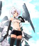  1girl absurdres alabama_(azur_lane) arescr azur_lane bandeau bangs bare_shoulders bikini bikini_under_clothes black_bikini black_gloves black_legwear black_shorts blue_sky breasts clothes_writing cloud commentary cowboy_shot day detached_collar elbow_gloves facial_mark gloves grin hand_up head_tilt highres jacket jacket_removed large_breasts long_hair looking_at_viewer midriff navel red_eyes see-through short_shorts shorts silver_hair sky smile solo standing stomach strapless swimsuit thighhighs thighs tube_top twintails whisker_markings white_jacket 