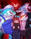  abs absurd_res angry anthro brown_hair clenched_teeth clipboard clothing dragon fish group hair hi_res human hydoor isaribi lifewonders live-a-hero male mammal marine muscular muscular_anthro muscular_male overalls pecs scar shark teeth tetsu_(pixiv) trio video_games white_hair 