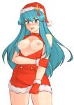  1girl absurdres alternate_costume aqua_hair bare_shoulders blue_eyes blush breasts breasts_outside christmas cleavage_cutout clothing_cutout collarbone dress eirika_(fire_emblem) embarrassed fire_emblem fire_emblem:_the_sacred_stones fire_emblem_heroes full-face_blush fur_trim gloves hat highres long_hair medium_breasts nipples official_alternate_costume open_mouth red_gloves santa_costume santa_hat simple_background solo sweatdrop teeth tridisart white_background 