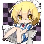  1girl apron back_bow blonde_hair blue_dress bow brown_footwear checkered_background chibi commentary_request dress feet_out_of_frame frilled_dress frills maid maid_headdress mugetsu_(touhou) puffy_short_sleeves puffy_sleeves sea_scorpion_(umisasori) short_sleeves touhou touhou_(pc-98) waist_apron white_apron white_bow yellow_eyes 