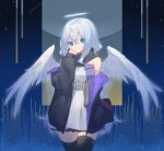  1girl bangs bare_shoulders belt belt_buckle black_jacket black_legwear breasts buckle closed_mouth dress eyebrows_behind_hair feathered_wings fhang green_eyes grey_belt grey_hair hair_between_eyes halo hand_up jacket long_hair off_shoulder open_clothes open_jacket original small_breasts smile solo thighhighs white_dress white_wings wings 