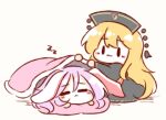 2girls :3 animal_ears arms_up bangs belt blonde_hair blush brown_belt brown_eyes chibi closed_eyes closed_mouth crescent dress eyebrows_visible_through_hair grey_dress grey_headwear hair_between_eyes hands_up hat junko_(touhou) kirby_(tiokirby) long_hair long_sleeves looking_at_another looking_down lying multiple_girls phoenix_crown pillow pom_pom_(clothes) purple_hair rabbit_ears red_vest reisen_udongein_inaba simple_background sitting sleeping smile tabard touhou very_long_hair vest white_background wide_sleeves yuri zzz 