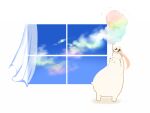  animal_focus bear bird chai chibi cloud commentary cotton_candy curtains food hat holding holding_food long_scarf no_humans original penguin pink_scarf polar_bear rainbow rainbow_gradient scarf simple_background sky standing white_background window 