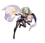  1girl alternate_costume alternate_hair_color bangs book breasts byleth_(fire_emblem) byleth_(fire_emblem)_(female) cape clothing_cutout collar collared_cape enlightened_byleth_(female) fire fire_emblem fire_emblem:_three_houses fire_emblem_heroes green_eyes green_hair kakage legwear_under_shorts magic medium_hair navel official_alternate_costume official_art open_mouth pantyhose shorts simple_background solo stomach_cutout third-party_source tiara 