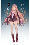  1girl :d bangs blonde_hair boots brown_dress dress full_body green_background heart highres itsia long_hair long_sleeves looking_at_viewer open_mouth red_footwear red_riding_hood_(sinoalice) sinoalice smile solo spoken_heart standing wavy_hair yellow_eyes 