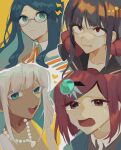  4girls bangs bead_necklace beads brown_sailor_collar closed_mouth collarbone collared_shirt crying danganronpa_(series) danganronpa_v3:_killing_harmony dark-skinned_female dark_skin eyebrows_visible_through_hair glasses green_eyes grey_hair hair_ornament hair_scrunchie harukawa_maki highres jacket jewelry long_hair looking_at_viewer low_twintails mole mole_under_eye multiple_girls neck_ribbon necklace nemari_(nemaru_0907) open_mouth orange_background orange_ribbon outline portrait red_eyes red_hair red_scrunchie ribbon sailor_collar scrunchie shell_necklace shiny shiny_hair shirogane_tsumugi shirt short_hair tears teeth twintails upper_teeth white_outline yonaga_angie yumeno_himiko 