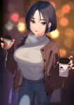  1girl absurdres bag black_hair blue_pants blurry blurry_background bob_cut breasts brown_jacket cardigan coffee coffee_cup cup denim depth_of_field disposable_cup fingernails grey_sweater highres holding holding_cup jacket jeans kagematsuri large_breasts leaning_to_the_side looking_at_viewer medium_hair nail_polish open_clothes open_jacket original pants parted_lips pink_eyes pink_lips red_nails shoulder_bag smile solo standing sweater turtleneck turtleneck_sweater twitter_username 