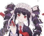  1girl bangs bell bell_earrings black_hair black_jacket black_nails card celestia_ludenberg claw_ring commentary_request danganronpa:_trigger_happy_havoc danganronpa_(series) drill_hair earrings eyebrows_visible_through_hair frills gothic_lolita hair_ribbon highres holding jacket jewelry lolita_fashion long_hair long_sleeves nail_polish necktie parted_lips red_eyes red_necktie ribbon shemika98425261 sidelocks signature simple_background solo twin_drills twintails upper_body white_background white_ribbon 