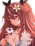 1girl animal_ear_fluff black_bow black_choker blush bow breasts brown_hair choker cleavage closed_mouth commentary commission english_commentary english_text fiwi_(vtuber) flower hair_bow hair_flower hair_intakes hair_ornament happy_birthday holding holding_flower indie_virtual_youtuber long_hair looking_down multicolored_hair red_eyes simple_background smile solo streaked_hair temachii two_side_up upper_body white_background 