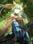  1girl absurdres ahoge animal_ears atalanta_(fate) blonde_hair bow_(weapon) cat_ears commentary_request fate/apocrypha fate_(series) gradient_hair green_eyes green_hair highres kagerou_(gigayasoma) long_hair multicolored_hair open_mouth revision smile solo tail tree two-tone_hair weapon 