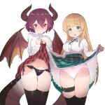  2girls anne_(shingeki_no_bahamut) black_legwear black_panties blush breasts caburi closed_mouth clothes_lift dragon_horns dragon_tail dragon_wings english_commentary eyebrows_visible_through_hair frilled_skirt frills grea_(shingeki_no_bahamut) hair_between_eyes highres horns large_breasts lifted_by_self long_hair long_sleeves looking_at_viewer multiple_girls neck_ribbon open_mouth panties pink_hair plaid plaid_skirt purple_hair red_eyes red_skirt ribbon shingeki_no_bahamut shirt short_hair side-tie_panties simple_background skirt skirt_lift tail thigh_strap thighhighs underwear very_long_hair white_background white_panties white_shirt wings 