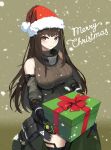  1girl absurdres black_gloves box breasts brown_eyes brown_hair christmas dlarudgml21 fur-trimmed_headwear gift gift_box girls&#039;_frontline gloves green_hair hat highres holding holding_gift large_breasts long_hair m4a1_(girls&#039;_frontline) merry_christmas multicolored_hair red_headwear santa_hat sleeveless smile snowing solo streaked_hair 