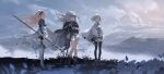  3girls armlet armor bare_legs black_footwear black_legwear blonde_hair boots bracer breasts cape cloud cloudy_sky eyebrows_visible_through_hair fantasy flower gauntlets gloves grass hair_ornament hairband high_heels highres hirooka_masaki holding holding_polearm holding_weapon knife knife_holster long_hair mountainous_horizon multiple_girls open_mouth original outdoors petals polearm red_eyes short_hair silver_hair skirt sky smile spear standing sword weapon white_legwear white_skirt wind yellow_eyes 