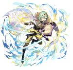  1girl alternate_costume alternate_hair_color bangs breasts byleth_(fire_emblem) byleth_(fire_emblem)_(female) cape clothing_cutout collar collared_cape enlightened_byleth_(female) fire fire_emblem fire_emblem:_three_houses fire_emblem_heroes flame green_eyes green_hair kakage legwear_under_shorts magic medium_hair navel official_alternate_costume official_art pantyhose shorts simple_background solo stomach_cutout third-party_source tiara 