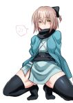  ahoge bangs blush commentary_request eyebrows_visible_through_hair fate/grand_order fate_(series) glglpanda hair_between_eyes haori highres japanese_clothes looking_at_viewer okita_souji_(fate) shinsengumi short_hair squatting thighhighs thighs white_background yellow_eyes 