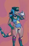  2017 anthro beverage blue_eyes blue_hair breasts camel_toe choker cleavage clothed clothing didelphid fangs female fingerless_gloves food gloves hair hand_on_hip handwear hat headgear headwear jewelry knee_highs legwear leotard mammal marsupial necklace newd offering_food offering_to_viewer pink_nose smile smoothie solo star thick_thighs wide_hips zanty_possum 