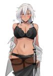  1girl absurdres alternate_costume bangs black_bra black_legwear black_panties blush bra breasts brown_eyes cleavage dark-skinned_female dark_skin hair_between_eyes highres kantai_collection large_breasts long_hair musashi_(kancolle) no_eyewear open_clothes panties panty_pull pantyhose parted_lips sketch solo spoken_squiggle squiggle thighband_pantyhose underwear very_long_hair white_hair yunamaro 