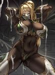  1girl arms_behind_head arms_up bangs blonde_hair bodysuit breasts brown_bodysuit covered_navel elf green_eyes highres houtengeki large_breasts long_hair looking_at_viewer mask mouth_mask original parted_bangs pointy_ears ponytail sidelocks slime_(substance) solo thighs 