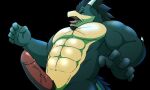  abs anthro bara-diction black_hair blue_body clothed clothing dragon genitals hair horn male multicolored_body muscular muscular_anthro muscular_male navel nude ocean_blues open_clothing open_mouth open_topwear open_vest pecs penis scalie scar solo teeth topwear vest video_games visual_novel white_body 