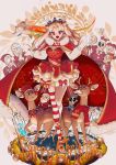  1girl :d absurdres blonde_hair breasts cape christmas cleavage cloak deer dress english_commentary ereshkigal_(fate) fake_antlers fate/grand_order fate_(series) fur-trimmed_cape fur_trim highres long_hair looking_at_viewer medium_breasts merry_christmas mittens monkey_jon red_cape red_dress red_eyes sheep short_dress single_thighhigh skeleton smile striped striped_legwear thighhighs tiara 