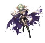  1girl alternate_costume alternate_hair_color bangs breasts byleth_(fire_emblem) byleth_(fire_emblem)_(female) cape clothing_cutout collar collared_cape enlightened_byleth_(female) fire_emblem fire_emblem:_three_houses fire_emblem_heroes green_eyes green_hair kakage legwear_under_shorts medium_hair navel official_alternate_costume official_art pantyhose shorts simple_background solo stomach_cutout tiara torn_clothes 