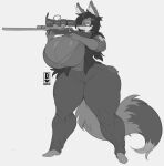  anthro big_breasts bottomwear breasts canid canine cleavage clothed clothing daiidalus denim denim_clothing eyewear female fox glasses gun hair hi_res holding_object holding_rifle holding_weapon huge_breasts jeans long_hair mammal monochrome pants pouch_(anatomy) pouch_purse ranged_weapon rifle scope shirt sniper_rifle solo thick_thighs topwear vest weapon 