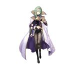  1girl alternate_costume alternate_hair_color bangs breasts byleth_(fire_emblem) byleth_(fire_emblem)_(female) cape cape_grab clothing_cutout collar collared_cape enlightened_byleth_(female) fire_emblem fire_emblem:_three_houses fire_emblem_heroes green_eyes green_hair kakage legwear_under_shorts medium_hair navel official_alternate_costume official_art pantyhose shorts simple_background smile solo stomach_cutout third-party_source tiara 