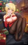  1girl bangs bare_shoulders bell blonde_hair blush box breasts christmas cleavage flower fukuro_ko_(greentea) fur_collar genshin_impact gift gift_box hair_flower hair_ornament highleg highleg_leotard highres jingle_bell knees_up large_breasts legs leotard looking_at_viewer lumine_(genshin_impact) neck_bell open_mouth pantyhose red_leotard short_hair_with_long_locks sidelocks sitting smile solo thighband_pantyhose yellow_eyes 