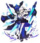  1girl 3o_c :o armpits asymmetrical_gloves bangs bare_shoulders black_footwear blue_dress breasts cleavage cross_(weapon) dress floating floating_object floating_weapon full_body gloves hair_ornament highres honkai_(series) honkai_impact_3rd looking_at_viewer mismatched_gloves red_eyes simple_background sleeveless sleeveless_dress small_breasts sword theresa_apocalypse theresa_apocalypse_(twilight_paladin) thighhighs v-shaped_eyebrows weapon white_background white_gloves white_hair white_legwear 
