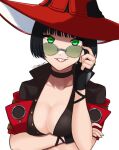  1girl 7mb_yut adjusting_eyewear artist_name bangs black_choker black_hair blunt_bangs breast_hold breasts choker cleavage clenched_teeth collarbone commentary crossed_arms fingerless_gloves gloves green_eyes guilty_gear guilty_gear_strive hand_up hat i-no looking_at_viewer medium_breasts mole mole_above_mouth red_lips short_hair short_sleeves simple_background solo teeth upper_body white_background witch_hat 