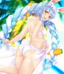  1girl :d animal_ear_fluff animal_ears ass bare_legs bare_shoulders beach blue_hair blurry blurry_background bow bra braid bunny_choker carrot choker cowboy_shot dress extra_ears eyebrows_behind_hair food-themed_hair_ornament hair_bow hair_ornament highres hololive lace-trimmed_bra lace_trim lifted_by_self long_hair looking_at_viewer looking_back makumaxu multicolored_eyes multicolored_hair open_mouth orange_eyes palm_tree panties pink_bra pink_panties purple_hair rabbit_ears rabbit_girl rabbit_tail see-through shiny shiny_skin sidelocks sky smile solo sparkle streaked_hair summer sundress swimsuit tail teeth thick_eyebrows thighs tree twin_braids underwear upper_teeth usada_pekora virtual_youtuber white_bow white_choker white_hair yellow_eyes 