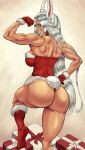  animal_ears ass back boku_no_hero_academia box breasts clenched_hands dark-skinned_female dark_skin fur-trimmed_gloves fur-trimmed_legwear fur_trim gift gift_box gloves hand_on_hip highres large_breasts leg_up long_hair looking_at_viewer looking_back mirko muscular muscular_female playboy_bunny pose profile rabbit_ears rabbit_tail red_gloves red_legwear santa_costume shiny shiny_hair shiny_skin smile socks tail teeth thong tuomashart very_long_hair white_hair 