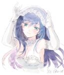  1girl blue_hair blush breasts bridal_veil cleavage closed_mouth dress elbow_gloves flower gloves itsuki_(s2_129) long_hair looking_at_viewer maria_traydor simple_background smile solo star_ocean star_ocean_till_the_end_of_time veil wedding_dress white_background white_gloves 