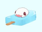  7mb_yut :p blue_background chibi closed_eyes commentary food horns league_of_legends lying no_humans on_stomach popsicle popsicle_stick poro_(league_of_legends) simple_background tongue tongue_out 