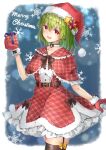  1girl alternate_costume bell belt belt_buckle black_legwear blush box brown_belt buckle buttons capelet christmas collarbone cowboy_shot dress eyebrows_visible_through_hair gift gift_box gloves green_hair hair_between_eyes hat highres holding holding_gift kazami_yuuka merry_christmas open_mouth pom_pom_(clothes) red_capelet red_dress red_eyes red_gloves red_headwear santa_hat shironeko_yuuki short_hair smile snowflake_background snowflakes solo thighhighs touhou 