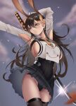  1girl animal_ears arm_behind_back armpits azur_lane black_legwear black_panties black_skirt braid breasts brown_hair chikuma_(azur_lane) flower hair_between_eyes hair_flower hair_ornament high-waist_skirt highres large_breasts long_hair orange_eyes orange_flower outdoors panties pantyshot pleated_skirt shirt side_braid sideboob skirt sword syu.mu thighhighs underwear very_long_hair weapon white_shirt zettai_ryouiki 