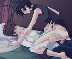  2boys anal ass bed blush bottomless boy censored clothed_sex code_geass cry eyes_closed kururugi_suzaku lelouch_lamperouge lowres male male_focus multiple_boys penis riding sex spread_legs sweatdrop tears underwear yaoi 