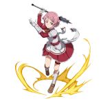  1girl apron arm_up back_bow boots bow breastplate brown_bow frilled_skirt frills full_body gloves hair_ornament hairclip holding holding_weapon jacket knee_boots leaning_forward lisbeth looking_at_viewer miniskirt pink_hair pleated_skirt red_eyes red_jacket red_skirt short_hair shoulder_armor simple_background skirt smile solo spaulders sword_art_online sword_art_online:_code_register thigh_strap waist_apron weapon white_apron white_background white_bow white_gloves 