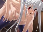  1boy 1girl areola areolae bent_over black_package_try blush breast_hold breasts dark_chapel game_cg holding_breasts liz_(dark_chapel) nipples rape red_eyes sex silver_hair small_breasts tears thighhighs twintails 