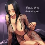  black_eyes black_hair blush boa_hancock breasts english large_breasts long_hair mosha nipples one_piece pubic_hair see-through see_through sweat translated 