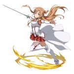  1girl asuna_(sao) braid breastplate brown_eyes brown_hair detached_sleeves floating_hair full_body holding holding_sword holding_weapon leg_up long_hair long_sleeves looking_at_viewer miniskirt outstretched_arms pleated_skirt red_skirt shiny shiny_hair simple_background skirt solo sword sword_art_online sword_art_online:_code_register thighhighs very_long_hair waist_cape weapon white_background white_legwear white_sleeves zettai_ryouiki 