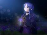  1girl black_gloves blue_hair blurry blurry_background cape caster choker dress fate/stay_night fate_(series) flower gloves lens_flare long_hair looking_up open_mouth pointy_ears purple_cape purple_dress purple_eyes purple_flower solo upper_body zumi6 