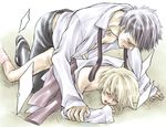  2boys anal blush bottomless cum eyes_closed grab grabbing haninozuka_mitsukuni lowres male male_focus morinozuka_takashi multiple_boys necktie open_clothes open_mouth open_shirt ouran_high_school_host_club outdoors outside sex shirt sweat sweatdrop tie yaoi 