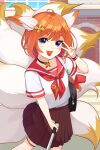  1girl absurdres ahoge animal_ears bag blue_eyes brown_skirt eight-tailed_fox_nari eyebrows_visible_through_hair fox_ears fox_girl fox_tail guardian_tales highres holding jewelry looking_at_phone multiple_tails open_mouth orange_hair pendant phone piu47 school_uniform serafuku sign skirt smile tail v 