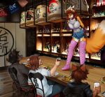  2021 alcohol anthro bar beverage big_breasts black_hair boots bottomwear breasts brown_body brown_fur brown_hair canid canine canis clothing collar coyote cuff_(restraint) cutoffs denim denim_clothing digital_media_(artwork) dragonfu female footwear fox fur group hair hi_res horn human hybrid inside izakaya_restaurant legwear male mammal microphone nipples orange_body orange_fur raven_(ricochetcoyote) red_hair restaurant restraints ricochetcoyote shackles shirt shorts singing sitting standing story story_in_description tamara_fox thigh_boots thigh_highs topwear translucent translucent_clothing translucent_shirt translucent_topwear wolf 