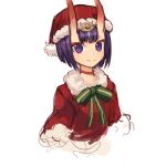  1girl bangs choker commentary_request fate/grand_order fate_(series) fur-trimmed_headwear fur_collar fur_trim green_ribbon hat highres horns korean_commentary looking_at_viewer neck_ribbon oni_horns purple_eyes purple_hair red_choker ribbon santa_costume santa_hat short_hair shuten_douji_(fate) simple_background sketch skin-covered_horns smile solo sookmo split_mouth upper_body white_background 