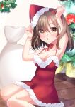  1girl armpits arms_up bangs bare_arms bare_shoulders breasts brown_eyes brown_hair christmas cleavage clip_studio_paint_(medium) commentary_request dress eyebrows_visible_through_hair fur-trimmed_dress fur-trimmed_headwear fur_trim hair_between_eyes hairband hat looking_at_viewer medium_breasts misaki_(misaki86) on_floor original parted_lips red_hairband sack santa_costume santa_hat sitting sleeveless sleeveless_dress solo wariza wooden_floor 
