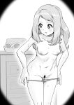  1girl absurdres bangs bar_censor blush breasts censored collarbone commentary drawer eyelashes eyewear_on_headwear hat hat_removed headwear_removed highres indoors leaning_forward long_hair looking_to_the_side makino_harumaki navel nipples panties panty_pull parted_lips pokemon pokemon_(game) pokemon_xy pulled_by_self pussy serena_(pokemon) sideocks solo standing sunglasses sweat underwear 