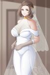  1girl aslindsamure banned_artist bare_shoulders blurry blurry_background breasts bridal_veil brown_hair cleavage collarbone commission dress english_commentary fire_emblem fire_emblem:_three_houses floral_print forehead grey_eyes highres jewelry knees_out_of_frame large_breasts looking_at_viewer manuela_casagranda mole mole_under_eye open_mouth parted_lips patreon_username ring see-through solo standing thighs veil wedding wedding_dress wedding_ring white_dress 